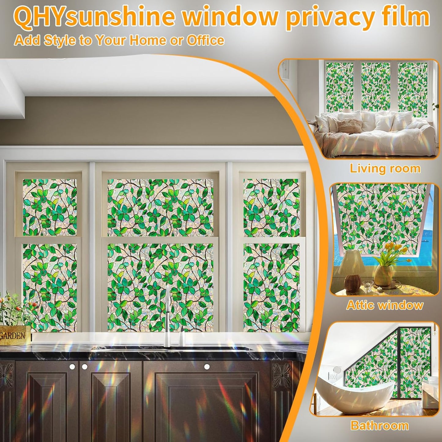 Stained Glass Window Privacy Film Decorative Rainbow Static Clings – Ideal for Home & Office, Adhesive-Free, Removable, UV-Blocking (Green Rainbow, 23.6 X 78.7 in)