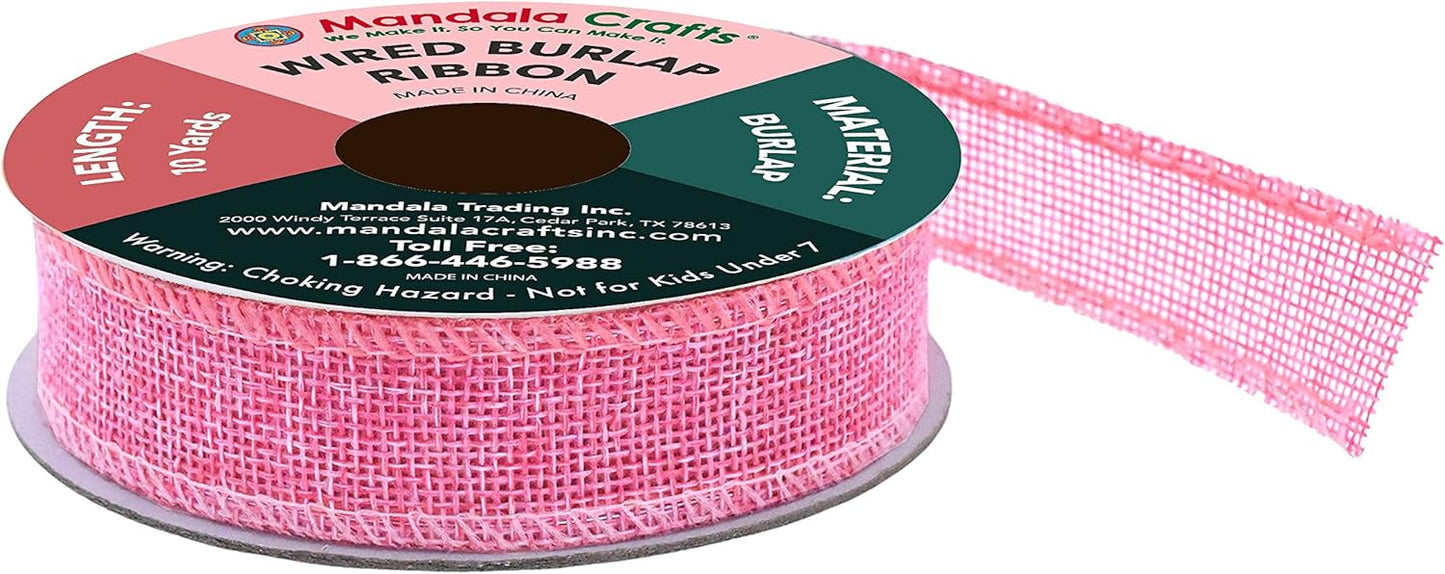 Mandala Crafts Pink Burlap Wired Ribbon 1 Inches Wide Jute Ribbons for Crafts - 10 Yds Roll Rustic Burlap Wrap Trim Ribbons for Wreaths Bows Party Decoration