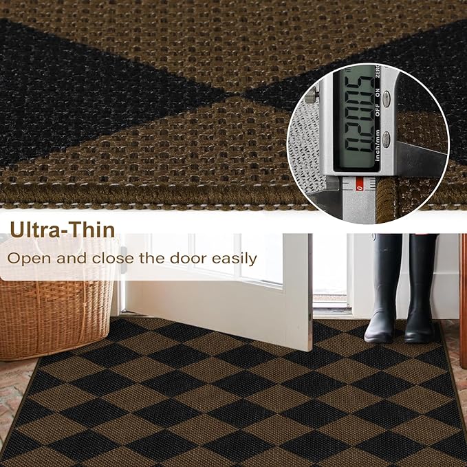 Easy Jute Checkered Entryway Rug, 2x3 Coffee Modern Indoor Outdoor Doormat, Washable Non-Slip Neutral Small Kitchen Rug Farmhouse Diamond Throw Rugs for Entrance Bedroom Bathroom