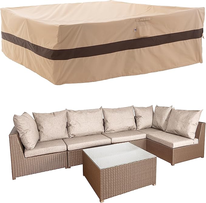 WJ-X3 Extra Large Patio Furniture Set Covers Waterproof, Outdoor Table Cover Heavy Duty, Lawn Sectional Set Cover Anti-Fading, High Wind Resistant, Anti-UV, 126W x 84D x 31H Inches, Beige & Coffee