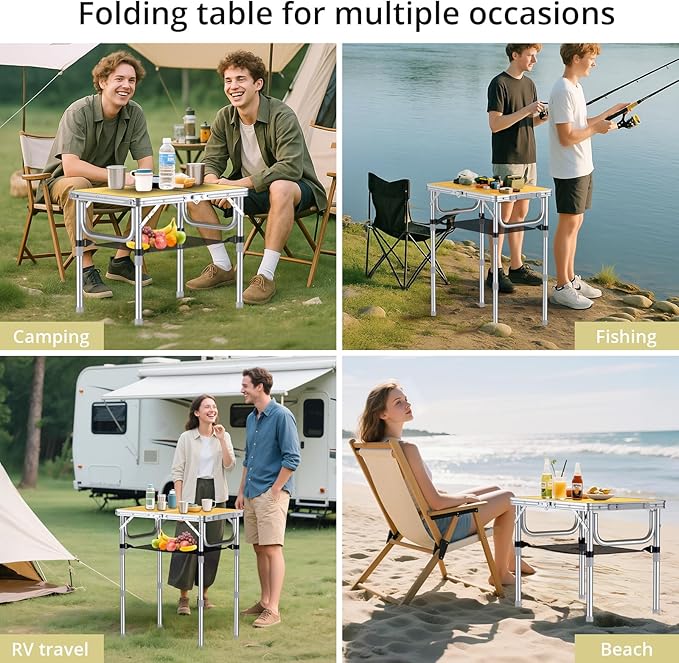 Anbte 2ft Camping Table Foldable, 3 Adjustable Heights High 27.5" Aluminum Small Folding Table with Carrying Handle, Portable, for Outdoor Indoor Picnic Beach BBQ Party Travel, 24" x 16", Yellow