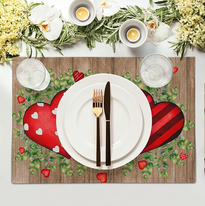 Valentines Day Wooden Plank Placemats Set of 4, 12x18 Inch Valentine Eucalyptus Leaves Heart Dining Table Placemats Wedding Washable Heat Resistance Place Mats for Party Kitchen Dining Decor