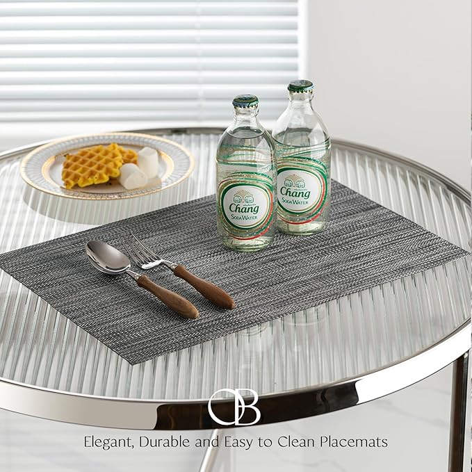 Placemats Set of 12 - Easy Clean Woven Vinyl Placemats for Dining Table, Indoor/Outdoor Place Mats, Washable PVC Table Mats（Dark Gray）