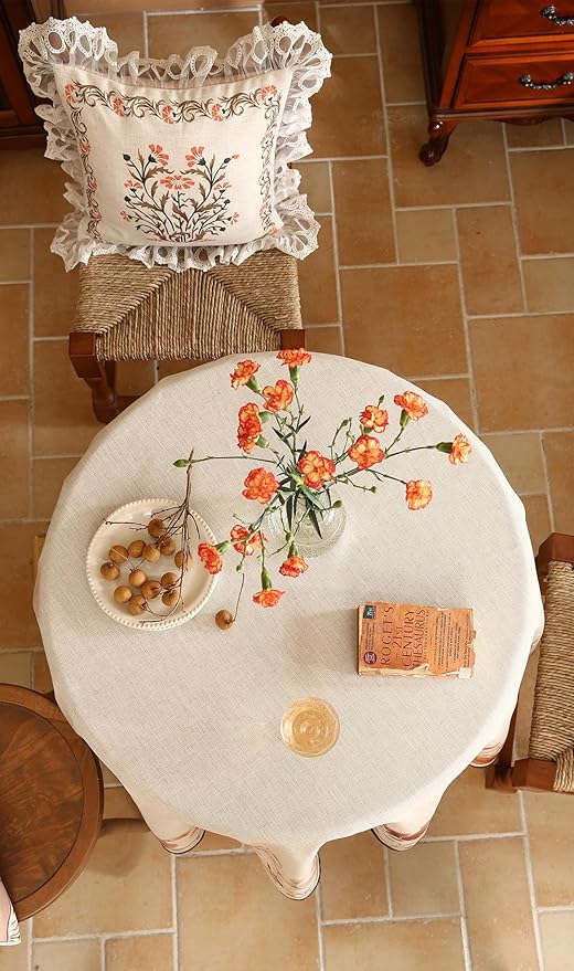 French Linen Round Tablecloth,Vintage Pink Table Floral Pattern Wrinkle Free Tablecloths,Decor Table Cover for Kitchen,Dining,Party,Thanksgiving,Christmas,Diameter 67"-Sloosa