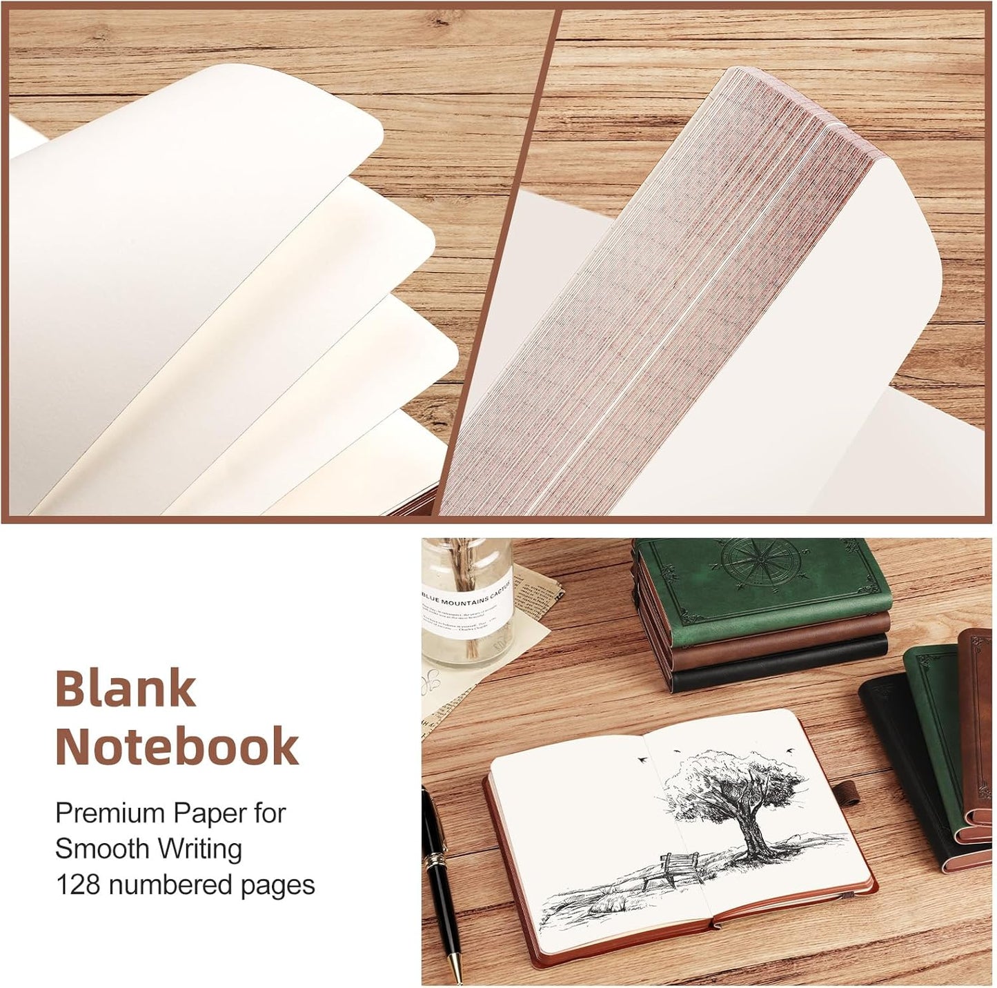 AHGXG Small Blank Pocket Journal Notebook for Men - 256 Numbered Pages B6 Mini Journal, Vintage Soft Leather Hardcover, 80gsm Paper, for Women Work Office School, 4.1'' X 5.7''- Brown