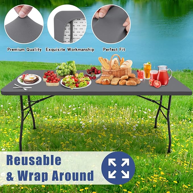 Spandex 6 Foot Rectangle Table Cloth 6 Pack, Elastic Fitted Tablecloths for Picnic, Stretch Washable Patio Table Cover for Outdoor, Camping, Banquet and Parties (Grey, 30"x72")