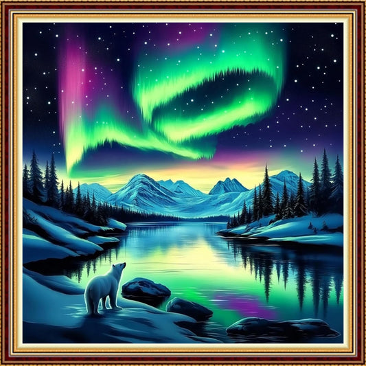 Hopeart Stamped Cross Stitch Kits for Beginner Embroidery Kits for Beginners Adults DIY 11CT Cross Stitch Patterns Needlepoint Kits Crossstitching Kits-Northern Lights Scenery 18x18 inch