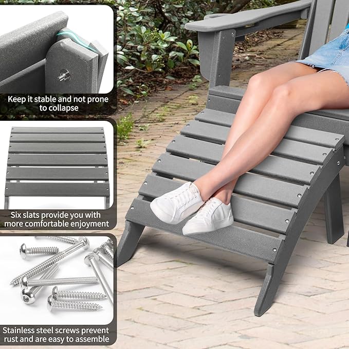FUNBERRY Folding Adirondack Ottoman, HDPE All Weather Outdoor Foot Rest, Easy Storage Patio Footstool, Ottomans and Footstools for Outside
