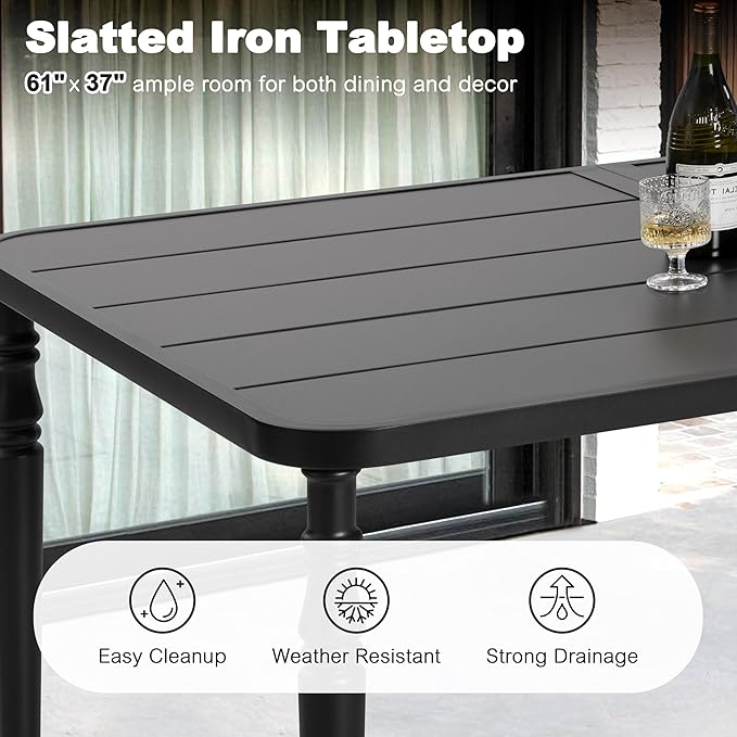 NUU GARDEN Weather-Resistant Outdoor 61” x 37” Rectangle Metal Dining Table with Umbrella Hole, Powder-Coated Frame, Slatted Tabletop, for Patio, Garden, Backyard and Balcony, Black