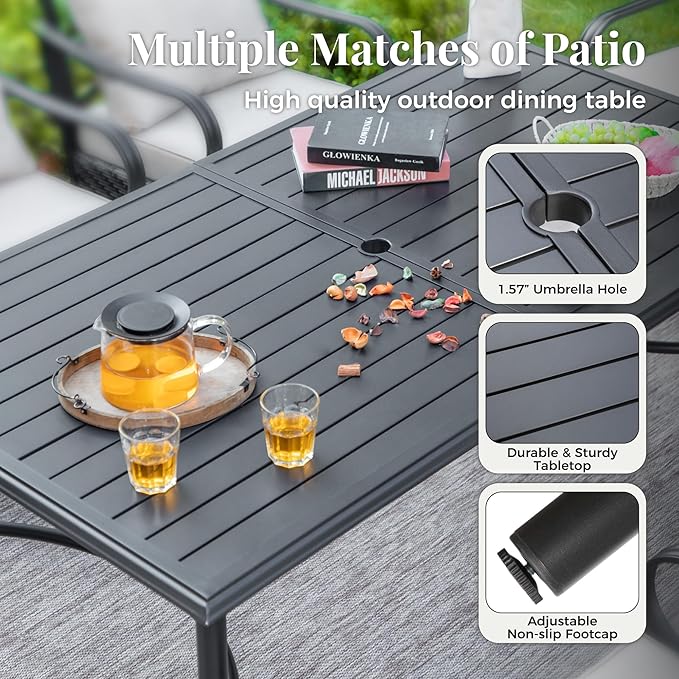 Outdoor Patio Dining Table for 6, 67" x 38" Rectangular Metal Patio Dining Table with Umbrella Hole for Garden, Backyard and Porch