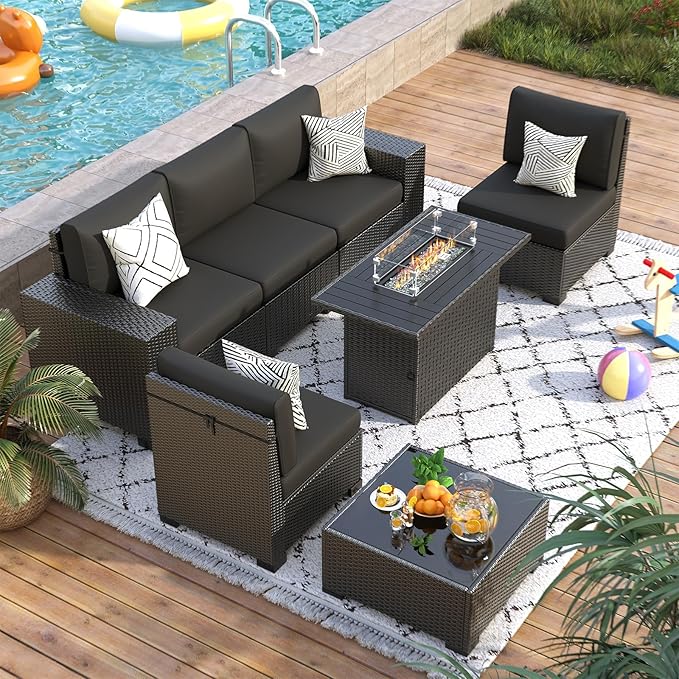 7 Piece Patio Furniture Set with Fire Pit Table, Outdoor Sectional Conversation Sets Black Wicker Rattan Sofa with Coffee Table for Patio Garden Backyard, 4'' Thickened Cushion Black