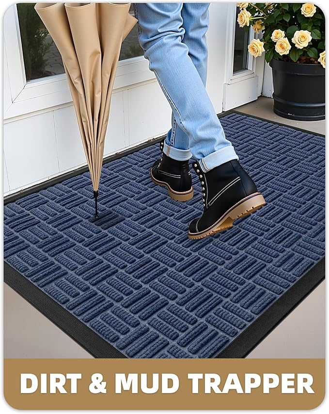 Color&Geometry Front Door Mat Outside Entrance, Heavy Duty Non Slip Low Profile Doormat for Entryway, Trap Dirt and Moisture Welcome Mats All-Weather, Easy Clean, Patio, Garage, 24"x36" Blue