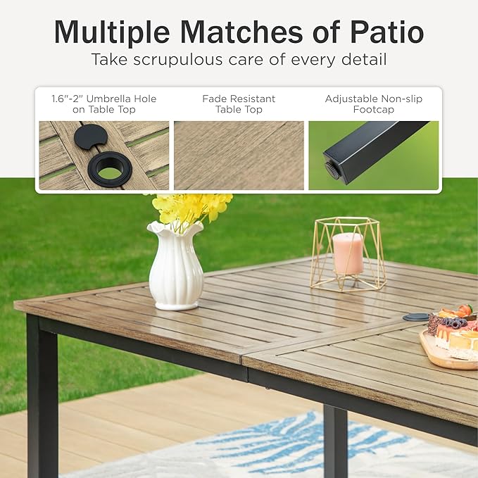 PHI VILLA 7-Piece Outdoor Dining Set, Heavy Duty Patio Table and Chairs Set with Umbrella Hole for 6, 64" Rectangular Patio Woodgrain Metal Table & Metal Wicker Dining Chairs with Cushions