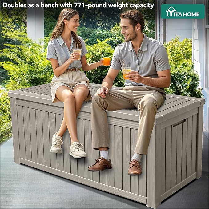 YITAHOME 150 Gallon Large Deck Box w/Divider, XL Waterproof Outdoor Storage for Patio Furniture,Outdoor Cushions, Garden Tools, Sports Equipment and Pool Supplies, Resin, Lockable, Taupe
