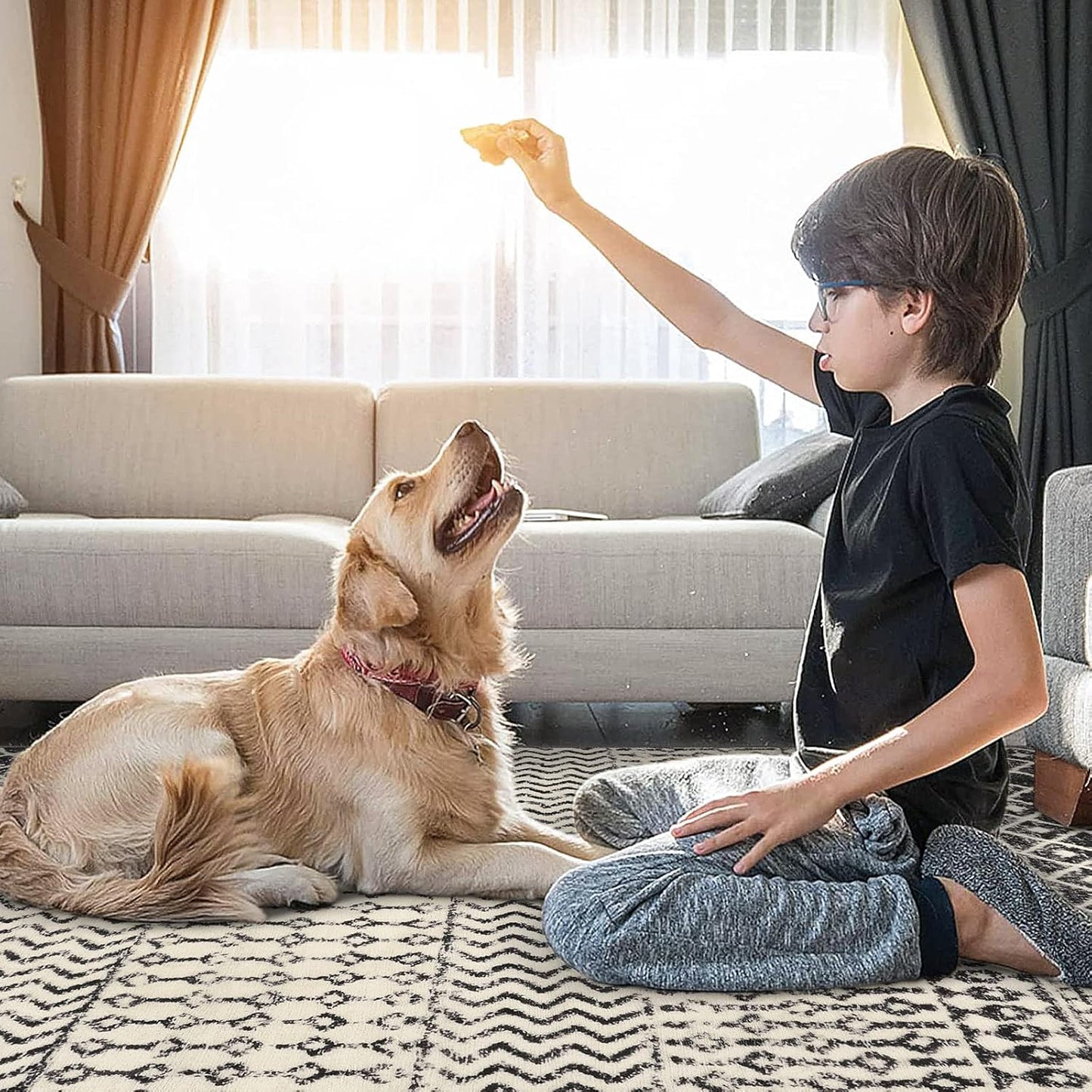 Boho Rugs for Living Room, 4x6 Moroccan Vintage Non-Slip Large Area Rug, Machine Washable Low-Plie Kitchen Mat Accent Rug for Bedroom Playroom Dining Room