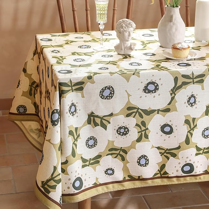 Designer Vintage Rectangular Tablecloth,Linen French Tablecloth with White Floral Pattern,Decorative Table Cover for Kitchen,Dining,Thanksgiving,Tea Party,63" × 87"-Hidaka