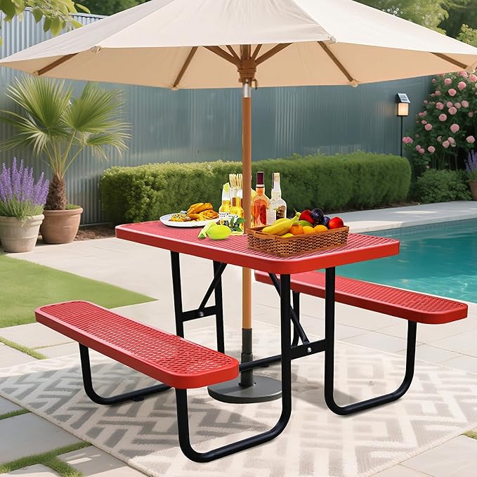 4FT Rectangular Metal Picnic Table for Outdoors, Commercial Steel Metal Picnic Tables, Heavy Duty Sturdy Picnic Tables Furniture Set for Patio Garden Courtyard BBQ, with Umbrella Hole, Red