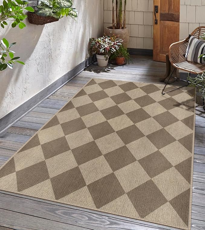 Easy Jute Checkered Area Rug, 3x5 Indoor Outdoor Entryway Rug Washable Brown Modern Diamond Kitchen Rugs, Non-Slip Neutral Farmhouse Throw Carpet for Living Room Patio Kids Room