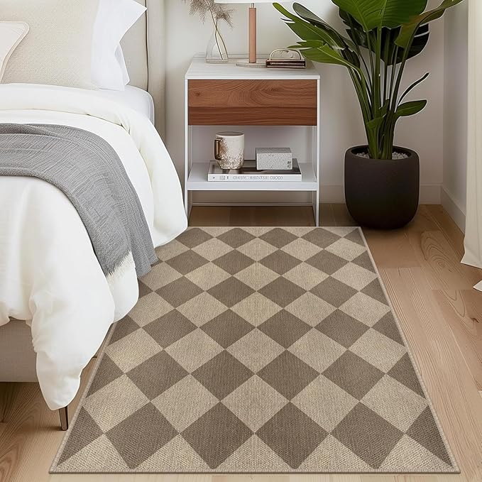 Easy Jute Checkered Area Rug, 3x5 Indoor Outdoor Entryway Rug Washable Brown Modern Diamond Kitchen Rugs, Non-Slip Neutral Farmhouse Throw Carpet for Living Room Patio Kids Room