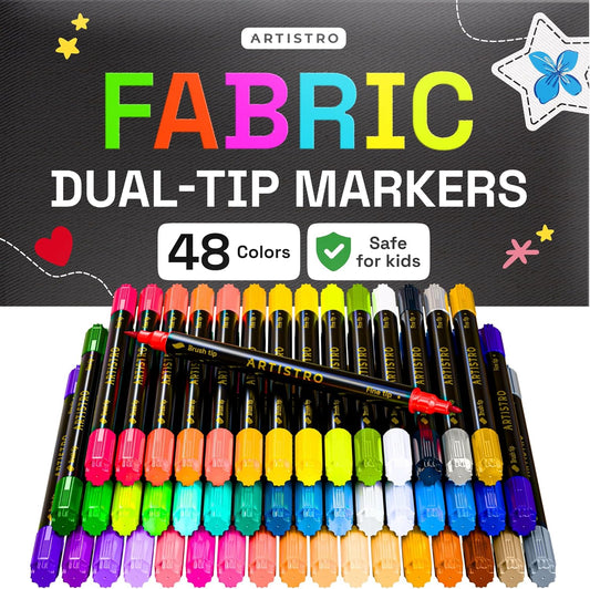 ARTISTRO 48 Dual-Tip Fabric Markers - Fabric Decorating Kit - Permanent for Clothes - No Bleed Pens for T-Shirts, Bags, Textile, Canvas, and More (Brush Tip and Fine Tip)