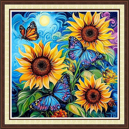 Findvoor Counted Cross Stitch Kits for Adults Full Range of Cross Stitching Embroidery Unprinted Pattern for Beginners, 11CT Needlepoint Kit Patterns Embroidery Kits-Sunflower Butterfly 18x18 inch