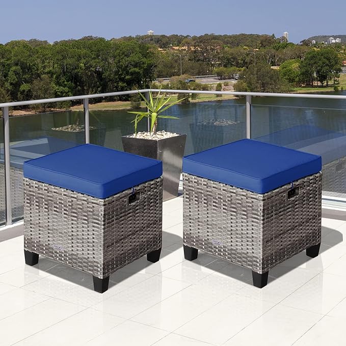 Tangkula 2 Pieces Patio Rattan Ottomans, Outdoor Wicker Footstool Footrest Seat with Soft Cushions and Steel Frame, All-Weather Patio Ottoman Set for Backyard Garden Poolside