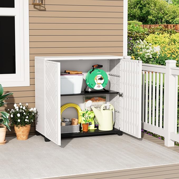 Storage Box Outdoor Caninet,Resin Indoor Storage Box Waterproof,Outdoor Storage Cabinets for Patio/Garden/Backyard(with 1 Shelf)-White