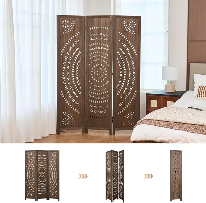 66.9Inch Folding Room Divider, 3 Panels Wood Carved Privacy Screens, Free Assembled Freestanding Partition for Home Office Restaurant Bedroom (Brown)