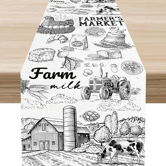 Farm Animals Table Runner, Rustic Farmhouse Cow Pig Rooster Watercolor Coffee Table Center Decor for Home Kitchen Dining Patio Holiday Party Indoor Outdoor Table Decorations, 13"x36" Inch