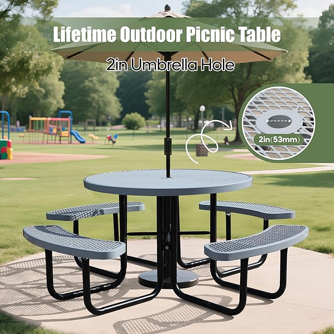 46'' Round Metal Picnic Table for Outdoors, Commercial Steel Metal Picnic Tables, Heavy Duty Sturdy Picnic Tables Furniture Set for Patio Garden Courtyard BBQ, with Umbrella Hole, Grey