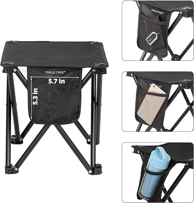 Triple Tree 2 Pack Folding Camping Stool, 13.8 Inch Small Portable Lightweight Stool with Side Pocket, Foot Stool with Carry Bag for Hiking, Fishing and Beach, Hold up to 400lbs, Black