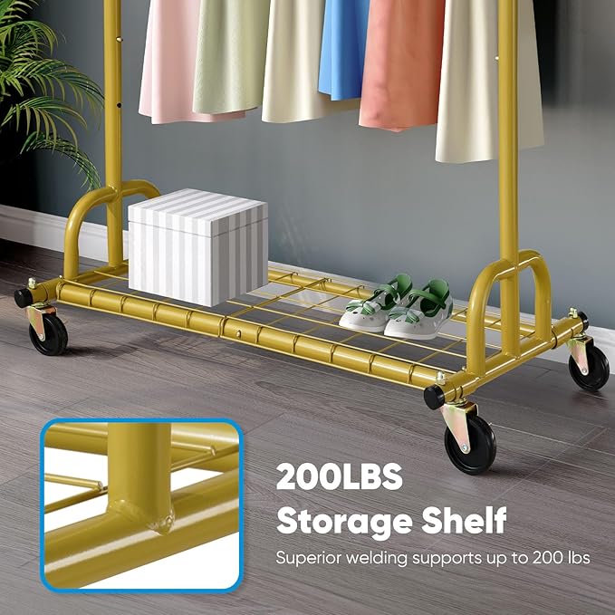 HOKEEPER Clothing Rack Gold Clothes Rack Heavy Duty Garment Rack for Hanging Clothes 525LBS Commercial Clothing Racks with Wheels for Bedroom, Laundry, Balcony, Living Room 22" D x 75" W x 71" H