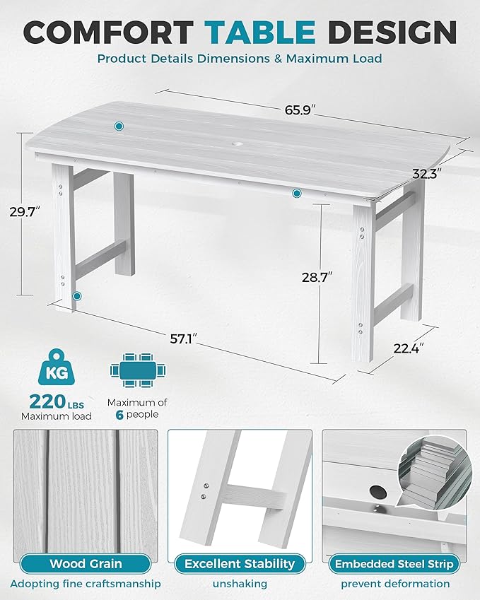 Ciokea HDPE Outdoor Dining Set, 7-Piece Patio Table and Chairs Set with Umbrella Hole, All-Weather Patio Dining Sets for 6, Durable Patio Furniture for Backyard, Garden, Lawn & Poolside, White
