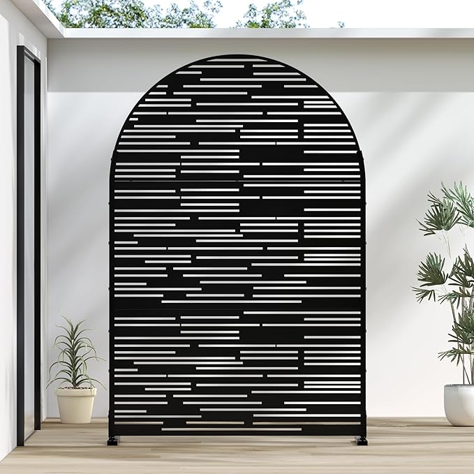 Casaphoria 72" H x 47" W Arched Metal Privacy Screen - Elegant Freestanding Outdoor Screen for Deck, Patio & Balcony - Versatile Decorative Privacy Panels for Home & Garden Use，Black-Shine