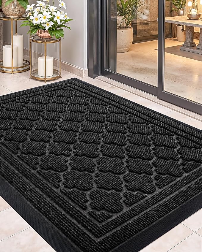 Color&Geometry Front Door Mat Outside Entrance, Heavy Duty Non Slip Low Profile Doormat for Entryway, Trap Dirt and Moisture Welcome Mats All-Weather, Easy Clean, Patio, Garage, 17"x30" Black