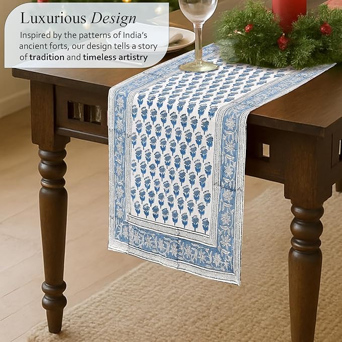 CPC Cotton Table Runner 16x108 Inch Block Printed Long Fall Table Runner for Dining Table, Card Table, Coffee Table, Wedding, Farmhouse & Outdoor Barbeque-Apatite Blue