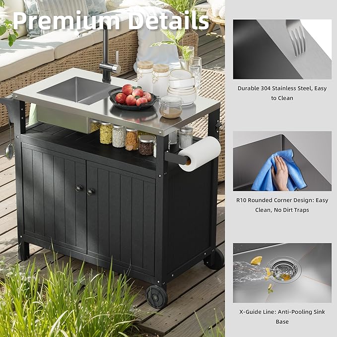 TORVA Multi-Functional Outdoor Grill Cart with Sink,Cabinet and Cover, 42 inch Freestanding Modular Kitchen Sink Station in 304 Stainless Steel&HDPE, All Weather Use BBQ Table, Black