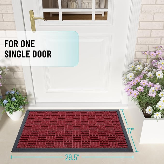 OLANLY Front Door Mat Outside Entrance 29.5x17, Absorbent, Heavy Duty Sturdy Natural Rubber Doormat Indoor Outdoor, Non-Slip, Stain and Fade Resistant, Low Profile Floor Mat for Entryway, Black Red
