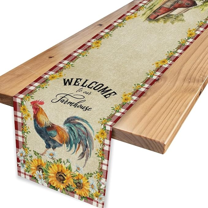 Rooster Table Runner, Farmhouse Red Plaid Sunflower Floral Chicken Farm Cow Pig Rustic Coffee Table Center Decor for Family Kitchen and Dining Room Outdoor Country Party Table Decorations, 13"x36"