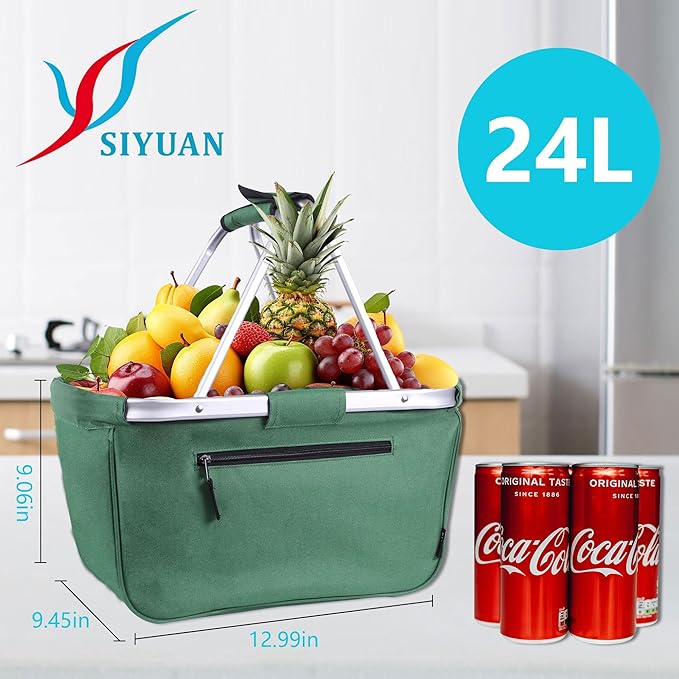 Picnic Basket, SIYUAN 24L Collapsible Market Basket with Two Handles Portable Canvas Grocery Basket Reusable Christmas Shopping Bag