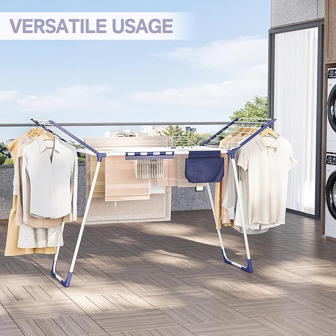 APEXCHASER Clothes Drying Rack Foldable - Drying Rack Clothing Large Space, Winged Laundry Rack with Sock Clips for Hanging Towels Clothes Dress Bedding Indoor Outdoor, White
