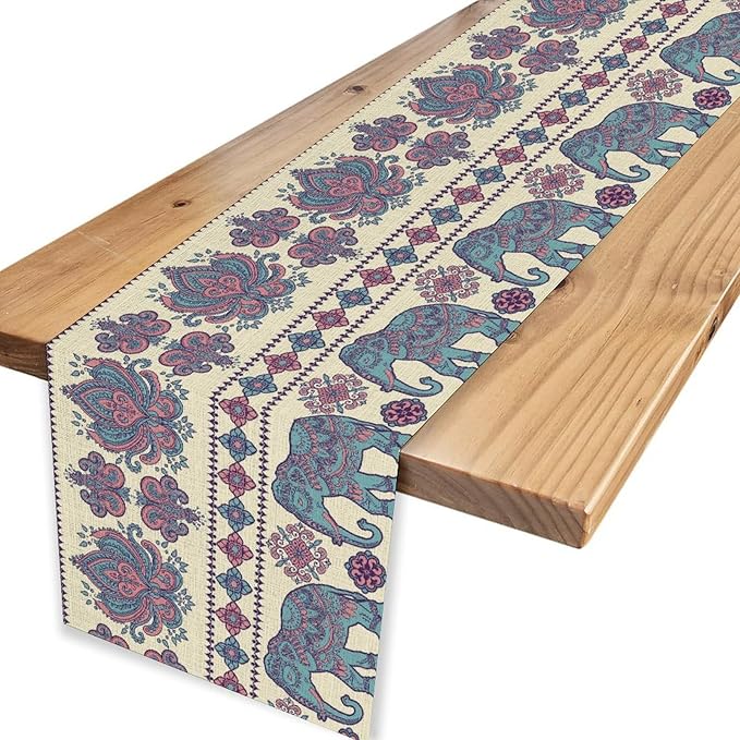 Boho Elephant Table Runner, Rustic African Tribe Animal Damask Diwali India Mandala Art Print Purple Coffee Table Center Decor for Home Kitchen Holiday Party Outdoor Table Decorations, 13"x72"