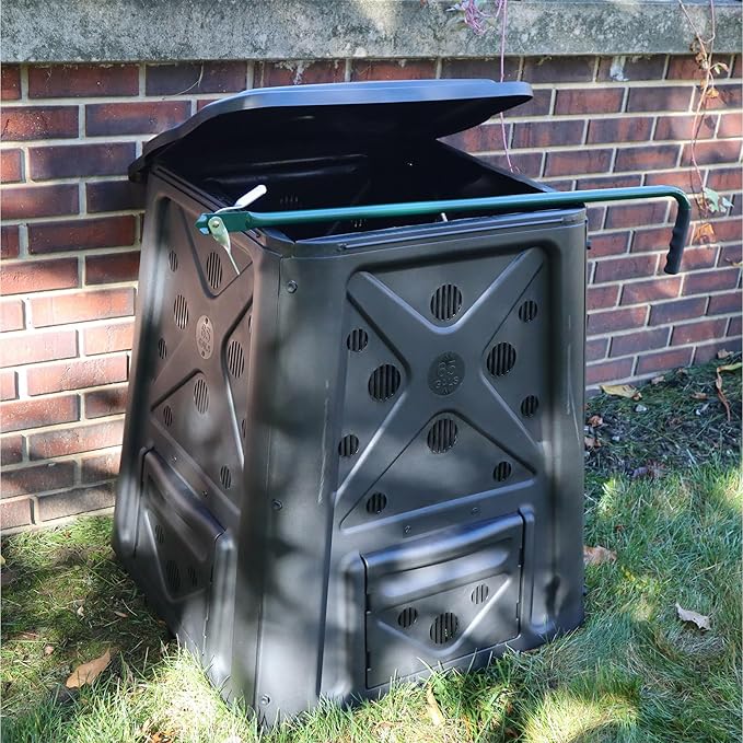 Redmon Outdoor Compost Bin with Lift Off Lid, 4-Door Access & Vent Holes, 65 Gallon, Black - Composting Bin Container for Kitchen Food Waste Recycling