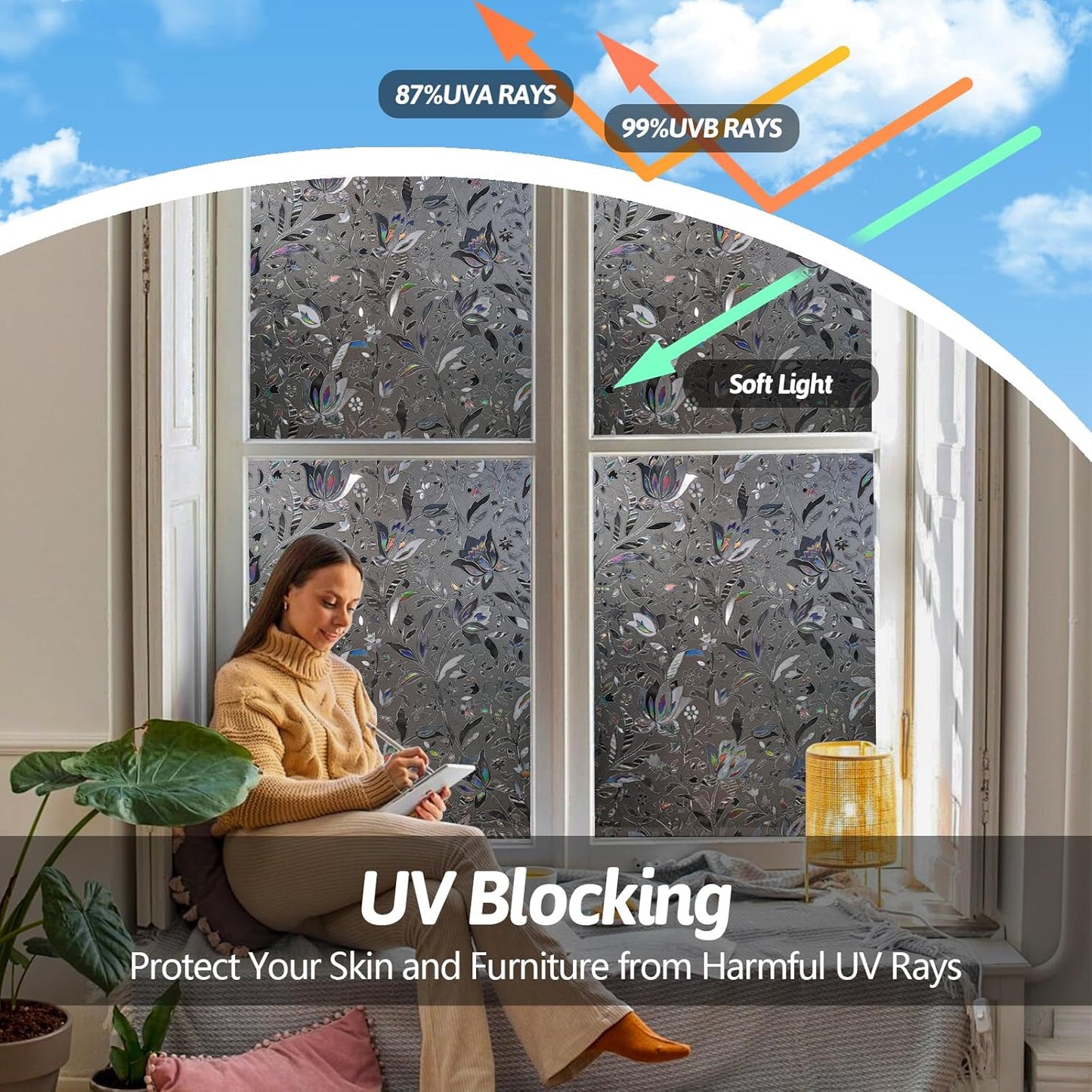 NINETREX Window Privacy Film,Decorative Window Film Frosted,Stained Glass Window Cling,Heat Blocker Non-Adhesive for Home,Grayish Black 17.5 x 157.4inch