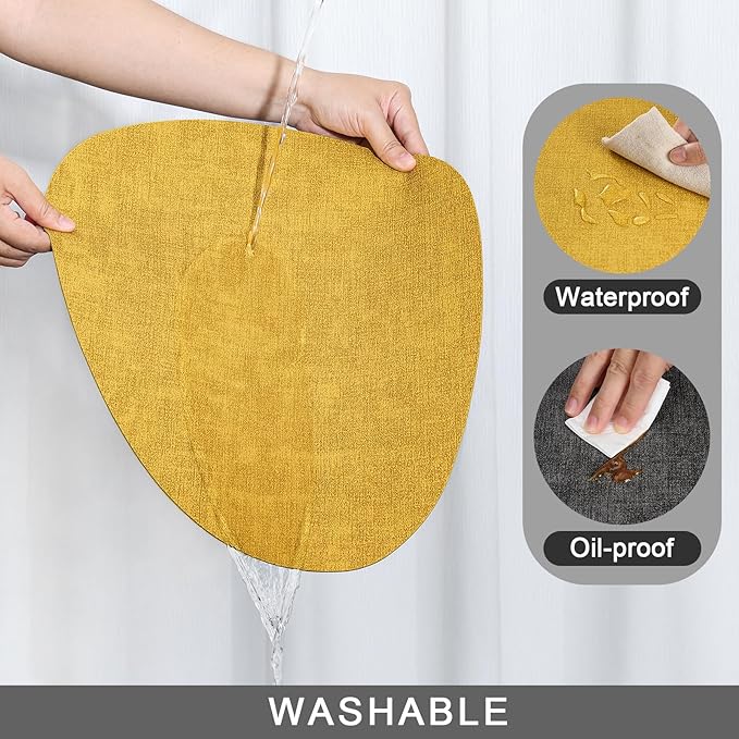 Placemats and Coasters, Washable Reversible Placemats Round Faux Leather Wipeable Place Mats Non Slip Heat Resistant Indoor Outdoor Table Mats (Set of 4, Gray Yellow)