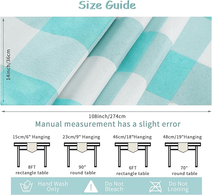 Fabric Checkered Table Runner 12 Pack Waterproof Gingham Table Runner 14W x 108L Buffalo Check Table Runners for Parties Kitchen Dining Wedding Banquet (Aqua and White)