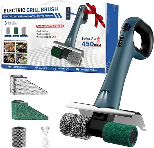 Hillyfe Grill Brush for Outdoor，Cordless Rechargeable Grill Brush with 3 Brush Heads, Grill Electric Cleaning Brushes Without Bristles, LED Light, Grill Scraper, Grilling Gifts for Men,Blue