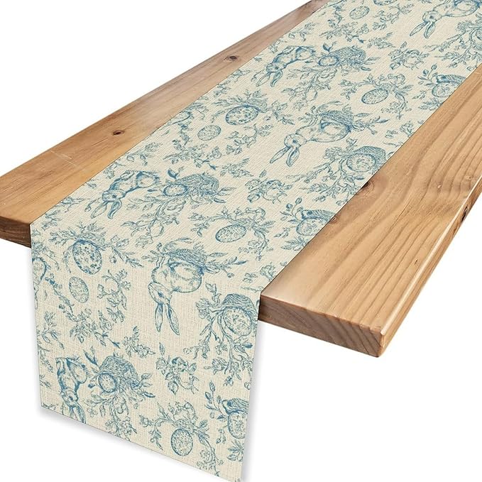 Easter Table Runner,Vintage Blue Beige Bunny Rabbit Easter Eggs Floral Spring Seasonal Table Center Decor for Family Kitchen Living Room Outdoor Farmhouse Party Table Decorations, 13"x90"