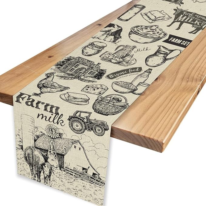 Farm Animals Table Runner, Rustic Farmhouse Rooster Cow Chicken Black Print Watercolor Coffee Table Center Decor for Home Kitchen Dining Patio Party Indoor Outdoor Table Decorations, 13" X 36"