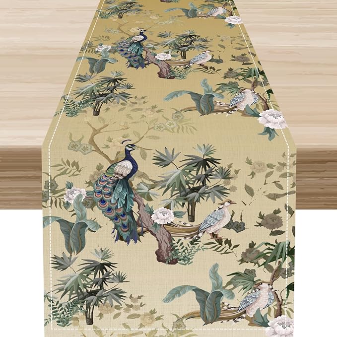Asian Table Runner,Ruatic Traditionla Chinese Style Penoy Floral Branch Table Center Decor for Home Kitchen Dining Patio Party Indoor Table Decorations, 13"x36"